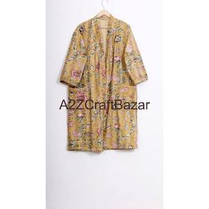 Classy Kantha <b>Kimono</b> <b>Jacket</b> Quilted Hand Printed Cotton Elegant Festive Wear Breathable Long V-neck Drawstring Closure Floral - Product Image 1
