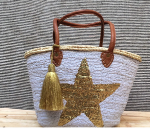 Straw <b>Bag</b> White & Gold <b>Sequins</b> Leather Handles - Product Image 1