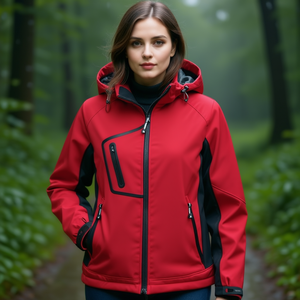 Women's Red/Black Softshell Hooded Jacket Stylish <b>Raincoat</b> - Product Image 3