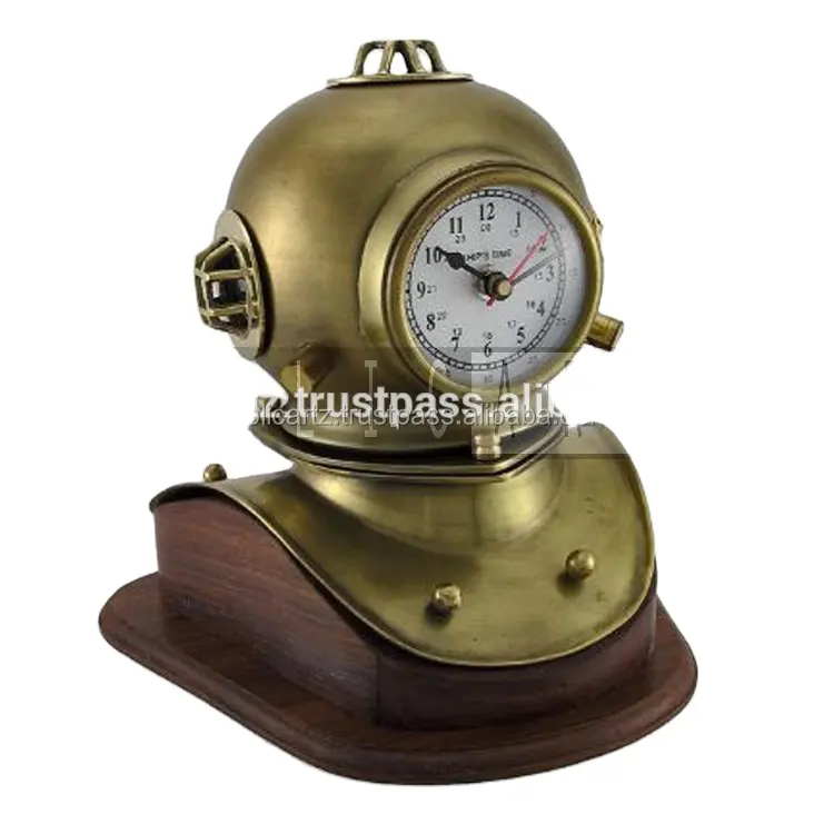 Brass Finish Mark V Diver Helmet Statue Clock on Wood Base Directions Educational Decorative Unique World Desktop