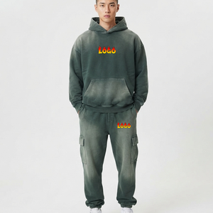 Custom Logo Men's <b>Spray</b> Dyed Tracksuits 360 GSM Fleece Zipper Hoodies and Sweatpants Retro Street Wear Tracksuit for Men - Product Image 4
