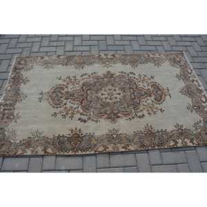 Tapis traditionnel en laine marron beige 3.7x6.6 pieds fait à la main Vintage turc Rectangle Patchwork Design Latex pour adolescents tapis de chevet - Product Image 3