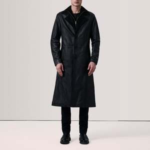 Charlton Men's Black Sheepskin Leather Gothic Winter Overcoat <b>Quilted</b> Polyester Lining Notch Collar <b>Wool</b> Filling Fur Decoration - Product Image 2