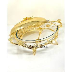 Haute qualité plaqué or fleurs et feuilles Designer Base en métal support et couvercle supérieur mariage et Villa fêtes casserole fournitures de Table - Product Image 1