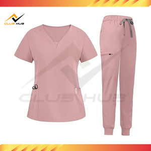 Vente en gros Ensemble de costumes d'hôpital modernes pour femmes avec logo personnalisé Haut à col en V et pantalon de jogging à jambe fuselée en tissu tissé - Product Image 2