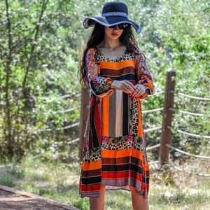 Meilleure qualité élégant été surdimensionné multicolore Patchwork robe pour les femmes Boho manches courtes col en v Sexy filles taille naturelle - Product Image 1