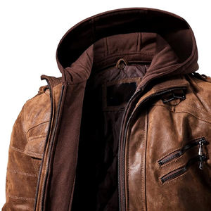 Chaqueta de cuero cortavientos personalizada de diseño original Chaqueta de cuero genuino de alta calidad de invierno con cuello polar marrón vintage - Product Image 2