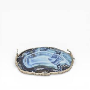 Plateau de service rond en agate naturelle avec motif en mosaïque de cristal bleu gris et poignées en métal modernes - Product Image 6