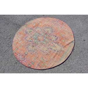 Tapis turc vintage 4.7 x 4.8ft fait à la main Orange vert Patchwork Design laine Viscose Latex pour salon couloir forme Rectangle - Product Image 2