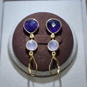 Calcédoine Aqua plaquée or en argent sterling 925 et pierre précieuse d'améthyste africaine Boucles d'oreilles classiques uniques faites à la main - Product Image 4