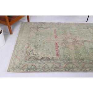 0.4x6.9 ft Turkish Rug, Vintage <b>Runner</b> Rug, <b>Green</b> Brown Floral Wool Rug - Product Image 4