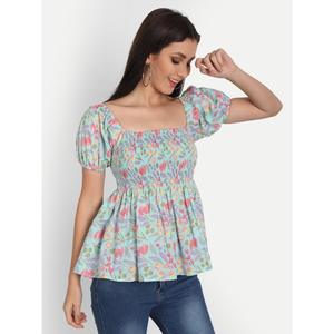 Blusa de Algodón con Estampado Floral Azul Claro, Cuello con Volantes, Manga Media, Estilo Occidental Formal, Viscosa Rayón, Talla XL, Corta, para Primavera y Otoño - Product Image 3