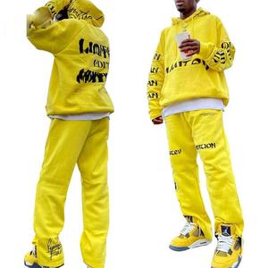 Chándales con estampado de soplo de algodón OEM para hombre, de talla grande Sudadera con capucha, pantalón de retazos, conjuntos para correr apilados - Product Image 4