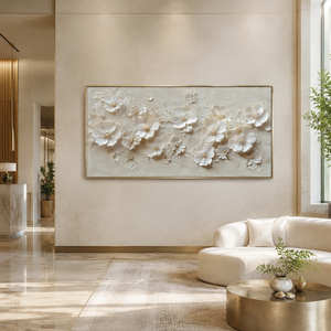 Art mural abstrait moderne, fleurs blanches peintes à la main, toile huilée, texture sculpturale, design botanique, original, luxe, chambre à coucher, villa - Product Image 1