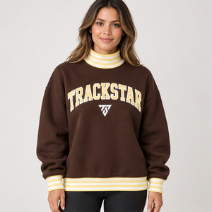 Women's Chocolate Brown Mock Neck <b>Sweatshirt</b> with <b>White</b> Striped Trim Varsity Letters Trackstar OEM Private Label - Product Image 1