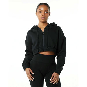 Sweat à capuche zippé court noir personnalisé pour femme, en molleton, manches longues, décontracté, avec ourlet élastique - Product Image 1