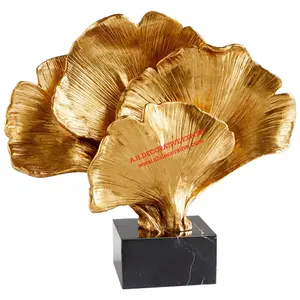 Metal Leaf Gold Plated Table Sculpture on Black Marble Home Living Decoration & Office Desk Decorative Sculpture