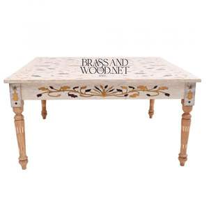 Mesa de Centro de Mármol Blanco de Lujo con Incrustaciones Florales de Madreperla y Patas de Madera Talladas a Mano para Decoración del Hogar - Product Image 4