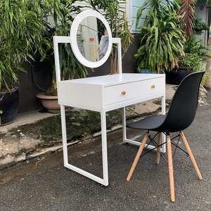 Modern White <b>Dressing</b> <b>Table</b> with LED Lighted Round <b>Mirror</b> and 2 Drawers Iron Legs BTD68019 Makeup <b>Vanity</b> for Hotels - Product Image 6