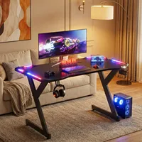 Escritorio para Juegos en Forma de Y OEM con Luces LED RGB, Superficie Ergonómica de Fibra de Carbono, Mesa de Estación de Trabajo para PC con Gancho para Auriculares y Portavasos