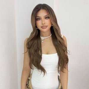 Mocca-DWY 136 <b>Long</b>-Length Wavy Brown Synthetic <b>Wig</b> with Light Brown Lace Free Part and Highlights <b>Long</b> Curly Style - Product Image 5