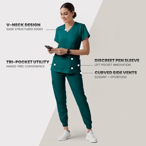 Elegante Unisex Hospital Scrubs Logotipo personalizado Uniforme médico Conjunto con pantalones Jogger Cómodo Enfermera Doctor Scrub Suit - Product Image 4