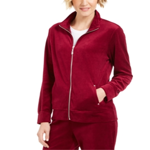 เสื้อแจ็คเก็ตผู้หญิง Karen Scott แบบกลับด้านได้ สีม่วง ผ้ากำมะหยี่ ซิปด้านหน้า สไตล์บอมเบอร์ วาร์ซิตี้ มีฮู้ด คอตั้ง ไซส์ XL สีพื้น - Product Image 1