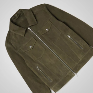 Hot Sale <b>Mens</b> Olive Green Suede Leather <b>Trucker</b> <b>Jacket</b> Lightweight Waterproof Custom Logo Print Leather <b>Jacket</b> For <b>Men</b> - Product Image 6