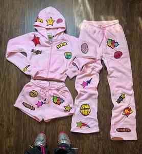 Conjunto de chándal de mujer con capucha y pantalones de chándal apilados con cremallera desgastada lavada ácida de fabricante personalizado liso - Product Image 4