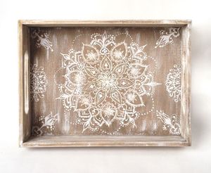 Plateau rond en bois avec bordure décorative perlée, style rustique de ferme, pour table basse ou pouf - Product Image 2