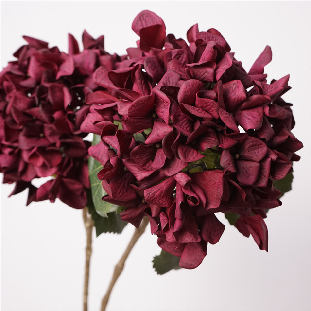 Y-H074 Wholesale Artificial Hydrangea Flowers Realistic Maroon Burgundy Hydrangea Real Touch Flowers for Home Wedding Decoration