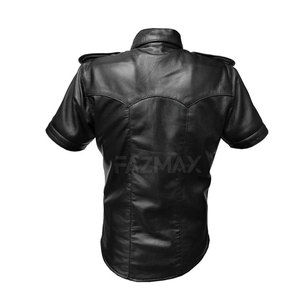 เสื้อเชิ๊ตหนังผู้ชายสีดำผ้าซาตินมีกระดุมสำหรับใส่บ็อกซี่ทรงหลวมดีไซน์หรูหรางานตามสั่ง - Product Image 2