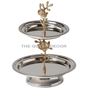 Support à gâteau rond élégant en bois et en acier inoxydable avec feuilles en aluminium, finition brillante, pour la décoration de la maison - Product Image 5