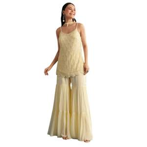 Neutral Georgette Kurta Sharara Set con Dupatta para recepción festiva de fiesta de boda y celebraciones culturales tradicionales - Product Image 2