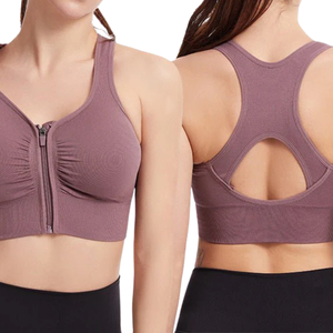 Soutien-gorge de sport en nylon/coton extensible respirant sans couture à fermeture éclair torsadée à l'avant pour femmes rondes - Product Image 1