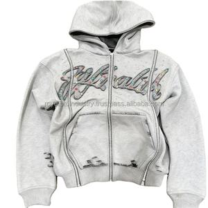 Sudadera con Capucha Personalizada con Bordado, 500 GSM, 100% Algodón, Felpa, Pedrería, Lavado Ácido, Cierre de Cremallera, Estilo Vintage para Hombre, Apliques, Ecológica y Transpirable - Product Image 4