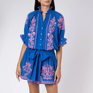 Customized 100% Cotton Work Blouse Neon Pink Floral Embroidery Free Size Includes <b>Slip</b> and Adjustable Waist Tie - Product Image 1