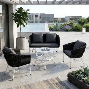 Dark <b>Grey</b> Durable Outdoor Garden Furniture <b>Set</b> White Iron Frame Woven Rope Sofa Armchairs Glass Coffee <b>Table</b> for Living Room - Product Image 2