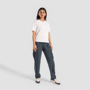 Pantalones Cargo Oxford Transpirables Gris Oscuro para Mujer, Estilo Utilitario de Cintura Media, Cierre Elástico, Técnica Arrugada, Coloreados - Product Image 4