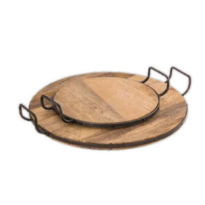 Plateau pouf en bambou naturel Plateau de service en bois Plateau rond en bois avec poignées - Product Image 2