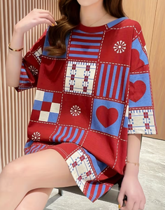 Plus Size Women's <b>Patchwork</b> Anti-Wrinkle O-Neck Pullover Short Sleeve 100% Cotton Casual Summer Knit Tee - Product Image 6