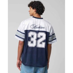 Camiseta de fútbol americano con cuello en V para hombre, número 32, de malla transpirable, manga corta, ajuste holgado, para deportes de equipo, blanca y azul marino - Product Image 2