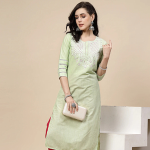 Ensembles de Kurta élégants pour femmes en tissu 100% coton doux, couleur olive, avec motifs floraux faits à la main, pour le bureau et les fêtes, prix de gros - Product Image 1