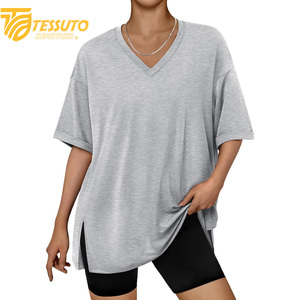 Camiseta básica de gran tamaño con logotipo estampado personalizado de peso pesado, camiseta de talla grande de alta calidad a la moda para mujer, Camiseta 100% de algodón con cuello en V - Product Image 2