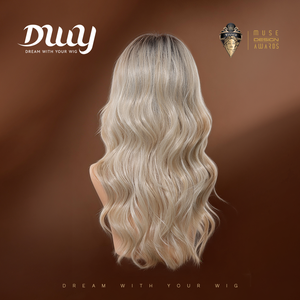 KAI C-New Technology DWY 3D Lace Front Free Part Mid-Length Wavy Platinum Blonde Synthetic <b>Wig</b> with Transparent Lace - Product Image 3