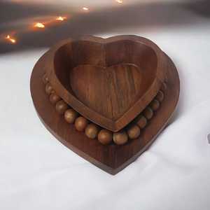 Wholesale Modern Mango Wood Beaded Walnut Brown <b>Heart</b>-<b>shaped</b> Candle <b>Bowl</b> for Christmas Farmhouse Home Decor Empty Candle Vessel - Product Image 1