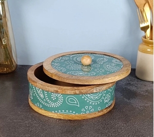 Fabriqué à la main vert Paisley imprimé manguier bois Chapati boîte magasin boîte chauffe-casserole cuisine décor à la maison rond Roti Dabba - Product Image 3