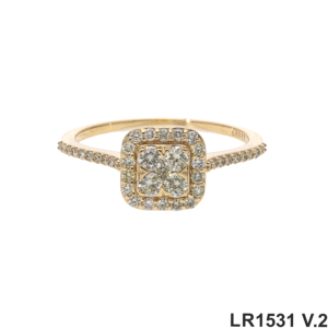 Élégante bague en or jaune 14 carats plaqué rhodium pour femme, sertie de diamants naturels taille brillant, halo floral central pavé, classique et raffinée - Product Image 1
