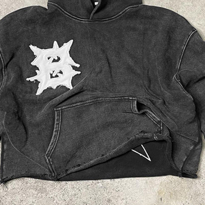 Nuevo invierno 2025 100% algodón hombres Streetwear recortado crudo dobladillo con capucha Vintage ácido lavado desgastado bordado parche hombres sudaderas con capucha - Product Image 5