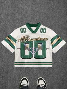 Chemise en maille verte contrastée pour femme Maillot de football américain Sublimation Graphique Manches courtes Imprimé Col V Streetwear Tee - Product Image 6